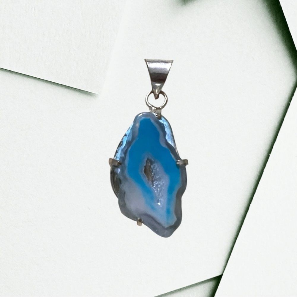 Natural Blue Agate Druzy Slice Pendant Necklace - 925  Sterling Silver Bail